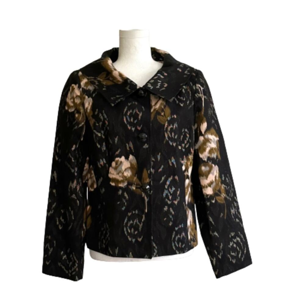 Bandolino Blazer Jacket Black Peach Brown Floral Metallic Wide Collar Size 10